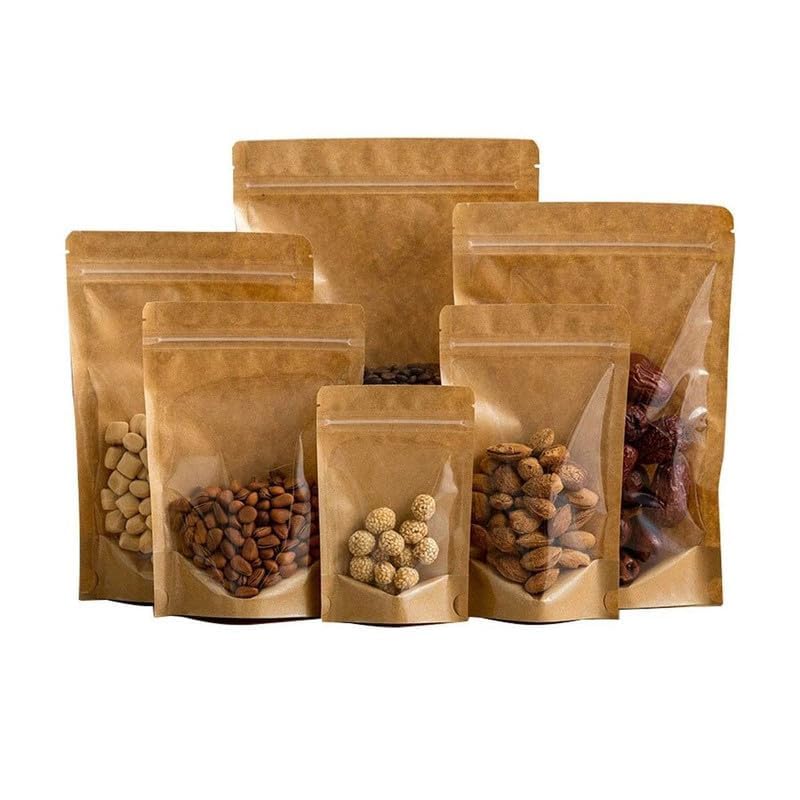 VELEXE Reusable Zip Lock Stand Up Pouches | Size: 100mm*150mm | Capacity: 50 Grams | Pack of 50 | Brown Kraft Paper & Transparent | Waterproof Leakproof Airtight Multi-Purpose Storage with Top Notch