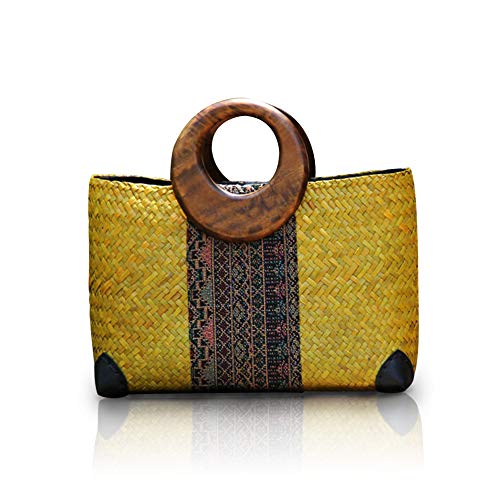 Women Summer Retro Straw Bag with Printing Pattern Hand-woven Beach Handbag Top Round Handle Boho Tote Bag Shopping Travel Large Bag (Yellow 2) - Main Image