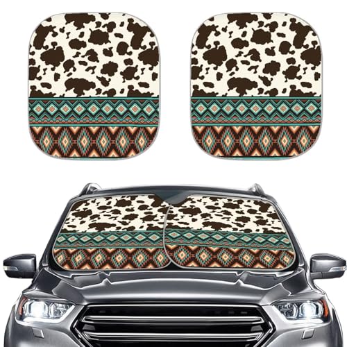 Image of Aztec Cow Print Car Sun Shade for Windshield Foldable Sunshade Front Window Cover Sun Visor Heat and UV Rays That Keeps Vehicle Cool Universal Vehicle Accessories 28.5 x 25.5 inches