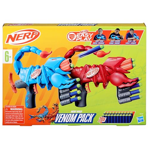 NERF Hasbro Wild Venompack Easy Play - Set de 2 lanzadores de Dardos Ligeros y fáciles de sostener con diseño de escorpión...