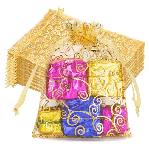 joycraft 50Pcs Organza Gift Bags - 6.7x9 In Gold Mesh Gift Drawstring Bags, Organza Party Favor Pouch for Valentine's Day, Wedding, Birthday, Brial Shower