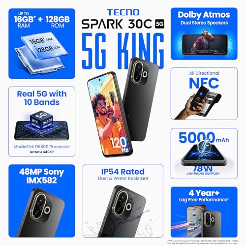 Image of Tecno Spark 30C 5G (Midnight Shadow, 4GB+64GB) | D6300 5G Processor | 5000 mAh Battery | NFC, IR Remote | Dolby Atmos
