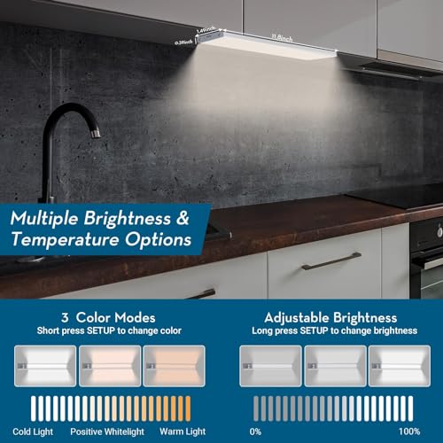 Under Cabinet Lighting Wireless, 60-LED Dimmable Motion Sensor Light Indoor, 12 inch 2000mAh Rechargeable Cabinet Lights, 3 Color Under Counter Lights for Kitchen (2 Packs)