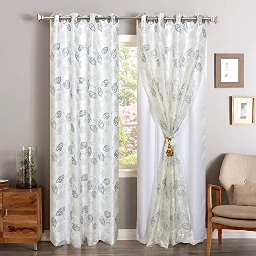 Image of Polyester and Blackout 2 in 1 Double Leaf Embroidery Design with Blackout Window Curtains, Set of 2 Pieces(6 Feet, White - Grey Leaf + White Blackout)