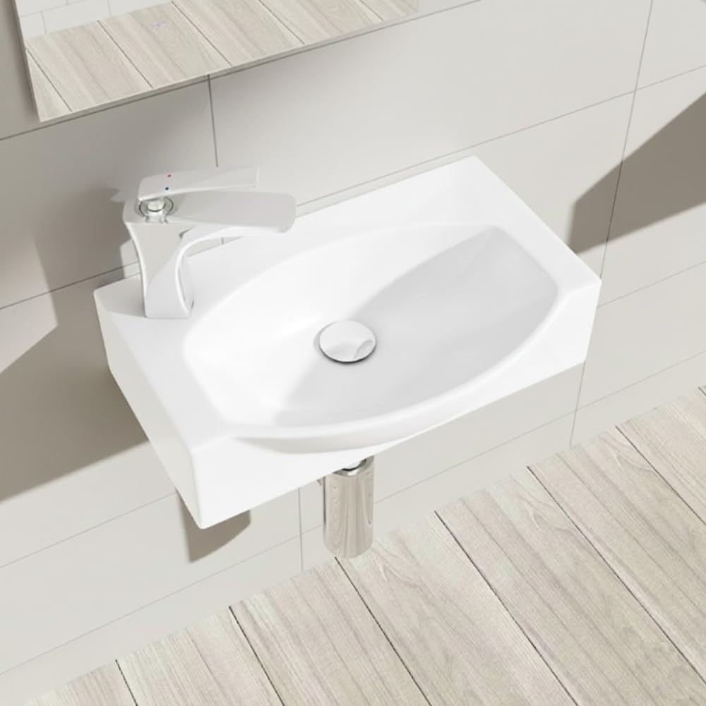 Db Durovin Bathrooms Glossy White Durovin Bathrooms Compact Ceramic Sink 405 X 280 X 110Mm (Wxdxh) - Wall Hung Mount - D Shape Cloakroom Hand Washing Basin - One Left Corner Tap Hole