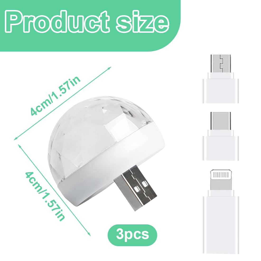 WUSJCOF 3 Piezas USB Mini Luz de Bola de Discoteca, Luz de Fiesta DJ con 3 Adaptadores, 4W Bola de Discoteca Activada por Sonido para Todas las Fiestas y Decoración Interior de Coches