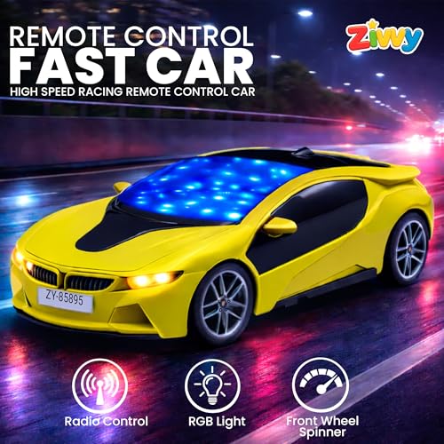 Image of Yellow Rechargeable Remote Control Car Toy, RC Racing Vehicle for Children, High Speed, 3D LED Light Car, Kids Battery Car, RC for Boys & Girls, Toys for Kids, Birthday Gift for Boys and Girls