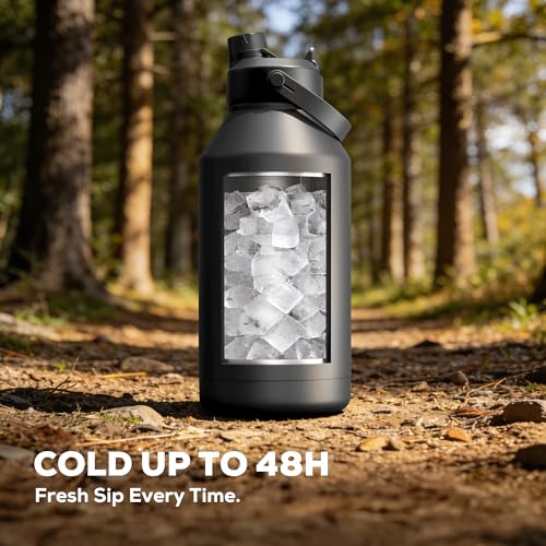 Image of POWCAN 64 oz Insulated Water Bottle for Sports: 2-in-1 Straw & Spout Lid, Leakproof, Carrier Bag, Shoulder Strap, Keep Cold 48H, BPA-Free, Half Gallon Metal Water Jug for Gym, Travel, Gift (Midnight)