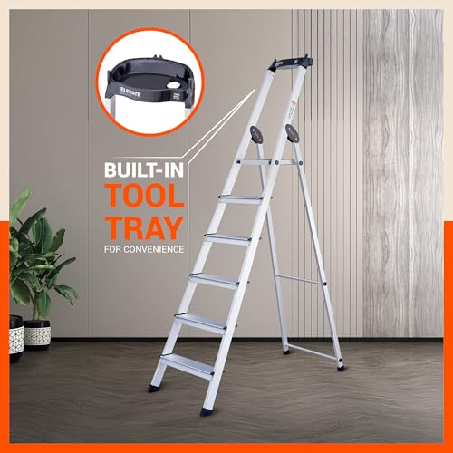 Image of Bathla Elevate 6-Step Foldable Aluminium Ladder for Home with Tool Tray | Anti-Skid | Durable, Heavy Duty, Safe & Stylish | 5-Year Warranty | Black