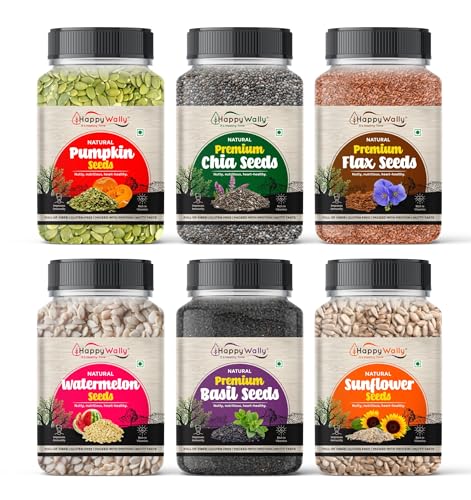 Image of Happywally All Edible Seeds Combo Pack of - 1.5 kg | Chia, Pumpkin, Sunflower, Flax, Watermelon & Basil Seeds 250g Each [Gread - Premium]]