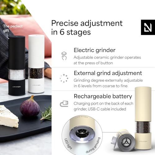 Image of LARS NYSOM Electric Salt and Pepper Grinder Set I Automatic Salt and Pepper Mills with Adjustable Ceramic Grinder I USB Rechargeable Electric Spice Mill Set with LED Light (Almond Beige)