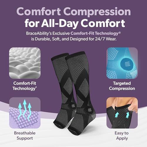 Image of BraceAbility Compression Socks for Circulation - 20-30 mmHg Knee High Neuropathy Open Toe Stockings for Varicose Veins, Swelling, RLS, Medical Toeless Support for Men or Women - 1 Pair (L - Lilac)