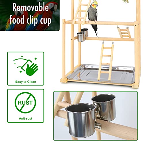Kweetle Pet Parrot Playstand, 3 Layers Bird Play Stand Parrots Bird Playground Wood Perch Gym Playpen Ladder with Feeder Cups for Cockatiel Parakeet Parrot - Thumbnail 4