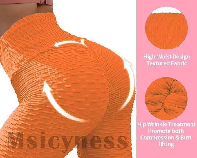Msicyness Trending Leggings Women's High Waist Yoga Pants Ruched Butt Lift Leggings Textured Scrunch Booty Tights,Orange,L - Image 5