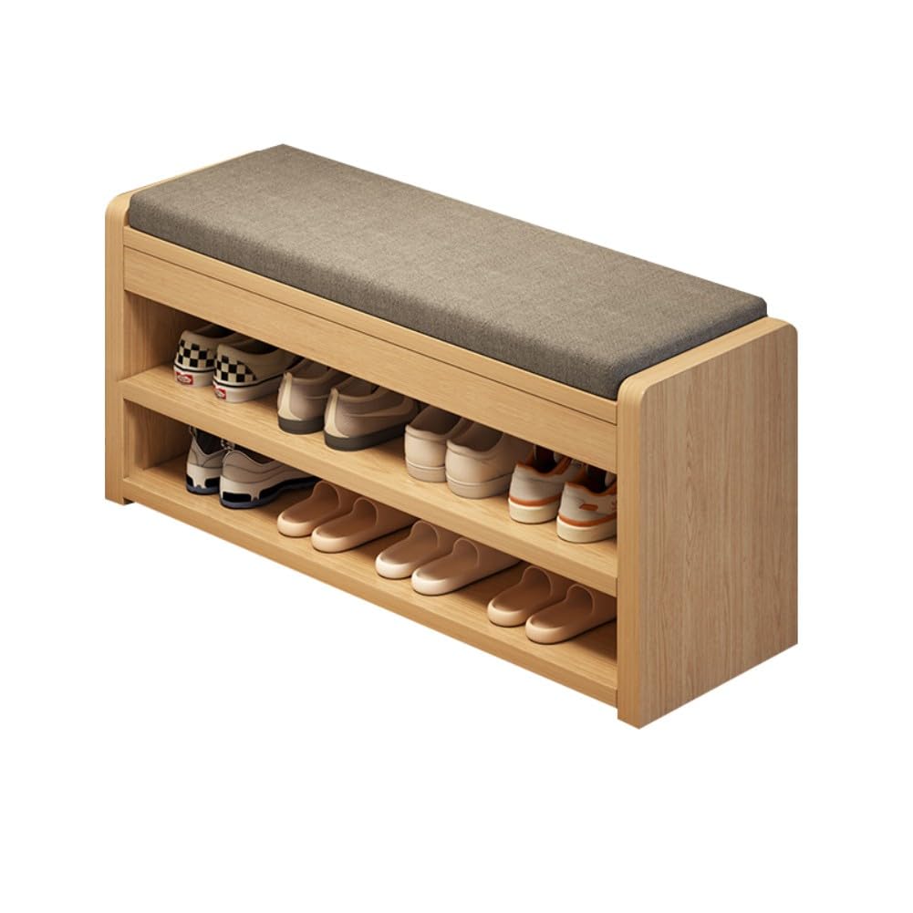 Banc à chaussures rembourré avec rangement et assise en tissu pour entrée