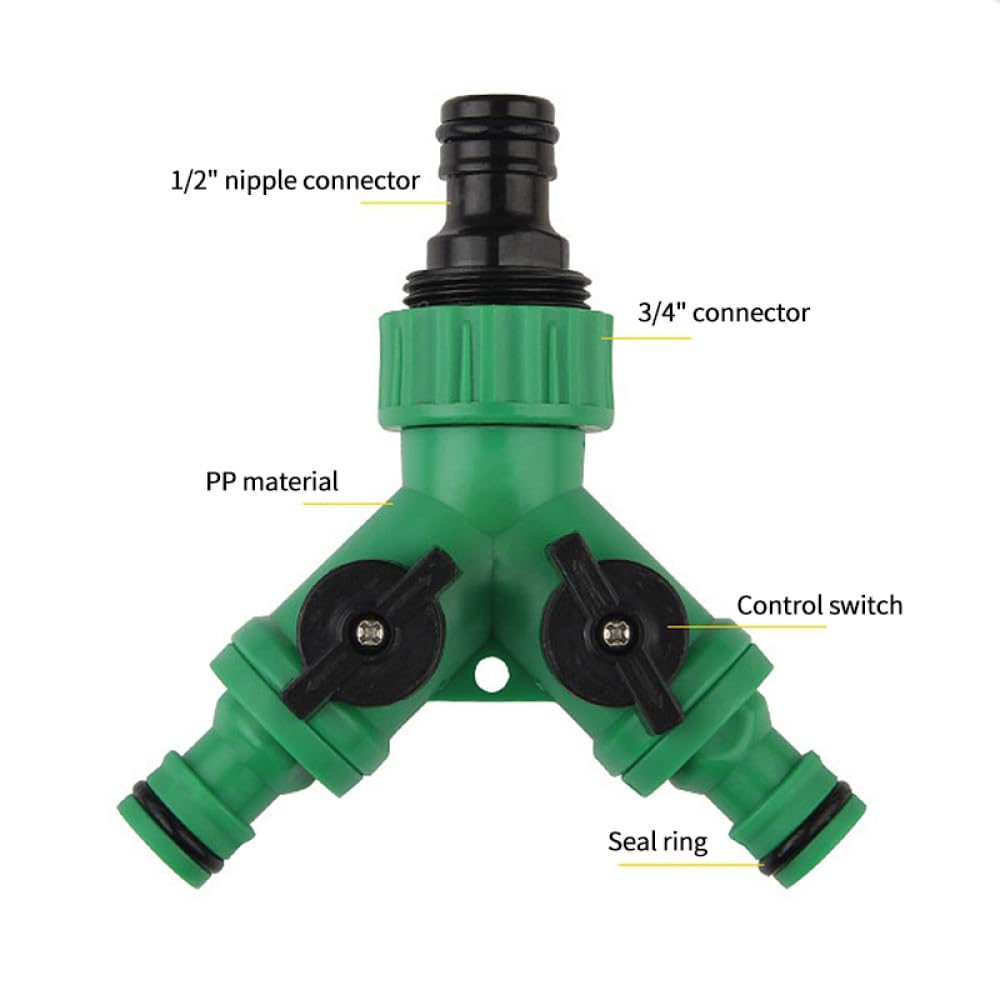Connettore Y per tubo da giardino 1/2quot; 3/4quot; Adattatore per rubinetto a 2 vie con filettatura femmina Kit di giunzione rapida con accessori per splitter dell'acqua con valvola di accensione/sp