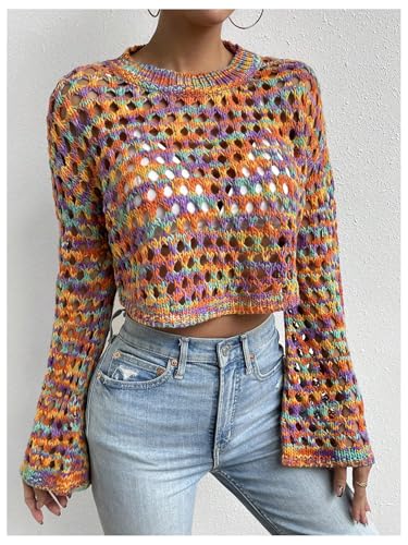 GORGLITTER Women's Colorful Bell Sleeve Crochet Cropped Sweater Lightweight Crewneck Pullover Knit Tops4