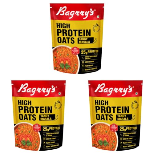 Image of Bagrry's High Protein Masala Oats 400g | 25g Plant Protein | Tangy Masala Flavour | Instant Savoury Oats | Wholegrain Breakfast Cereal with Real Veggies & Herbs | Protein Oats for Gym & Weight Management | No Palm Oil, No MSG, No Added Preservatives | Ready in 3 Minutes