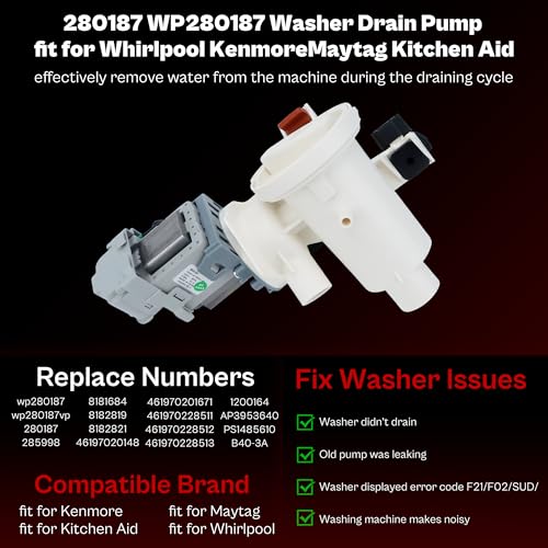Upgrade 280187 8181684 461970201671 fit for Whirlpool Duet Kenmore Elite HE3 Maytag Epic Front Load Clothes Washer Drain Pump Filter Assembly 1200164 8182819 GHW9400SU0 120V 60Hz 0.70W 0.95A LUXRILIX