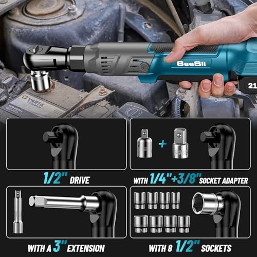 1/2" Cordless Electric Ratchet Wrench, 66Ft-lbs Battery Ratchet Wrench 21V Max, Brushless Motor, Variable Speed Trigger, 2x 2.0Ah Batteries & Charger, 8 Sockets, 1/4" & 3/8" Adapter, 3" Extension Bar