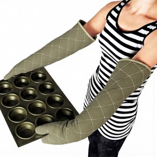 Linwnil Extra Long 24 Inch Heat Resistant Oven Gloves New Cotton Oven Mitts Kitchen Gloves High Temperature Cooking Tool BBQ Gloves (24' Green, 24 Inch)