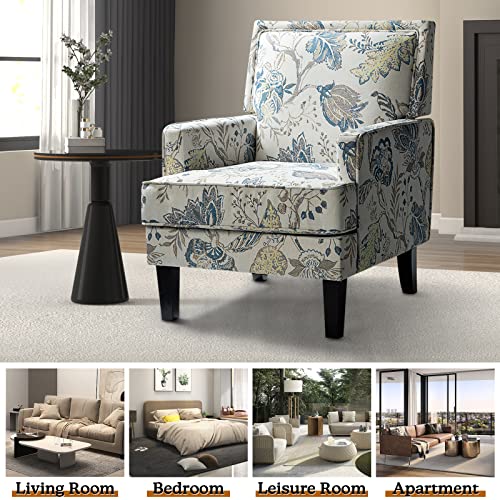 Tina's Home Modern Upholstered Accent Chair With Wood Legs And Thick Cushion, Fabric Club Chair W/Armrest Floral Print Reading Chair, Comfy Leisure Single Sofa Armchair For Living Room, Bedroom (Blue) #TOP5