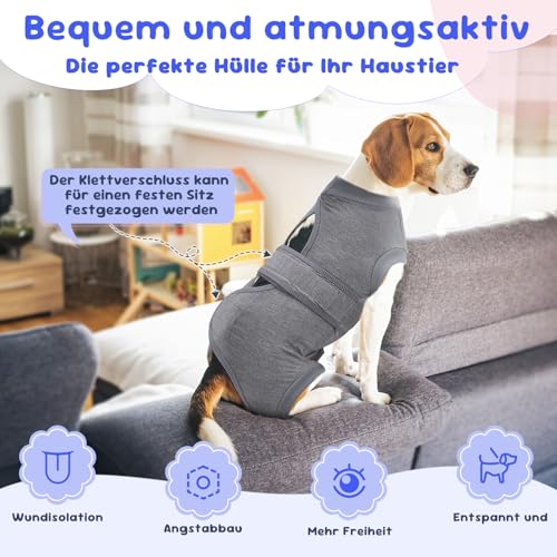 Eyein Hundebody Nach Op, Atmungsaktiver Verstellbarer Einteiler für weibliche und männliche Hunde, Anti-Lecken und Wundschutz, Alternative zu E-Kragen und Trichter nach Operationen, Grau, M