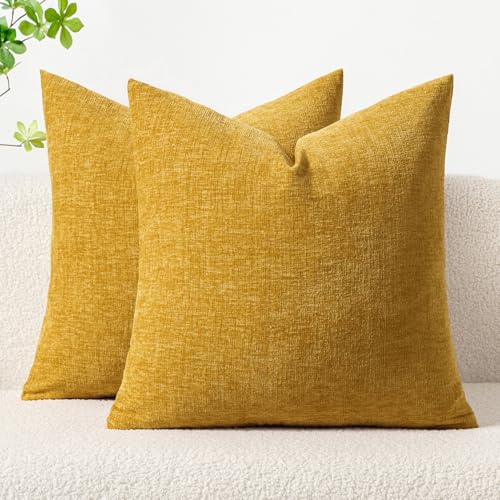 Image of MIULEE Pack of 2 Mustard Yellow Throw Pillow Covers 18x18 Inch Soft Spring Chenille Pillow Covers for Sofa Living Room Couch Solid Dyed Cases
