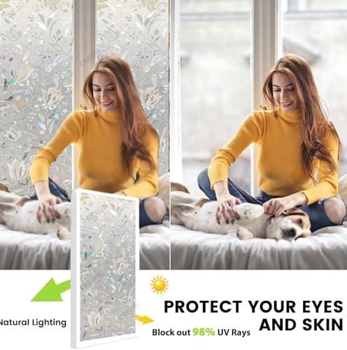 Image of CREON Frosted Privacy Window (24 X 82 Inch) Film with Tulip Flower Pattren & Stained Glass Design, Adhesive-Free for Home, Bathroom & Office