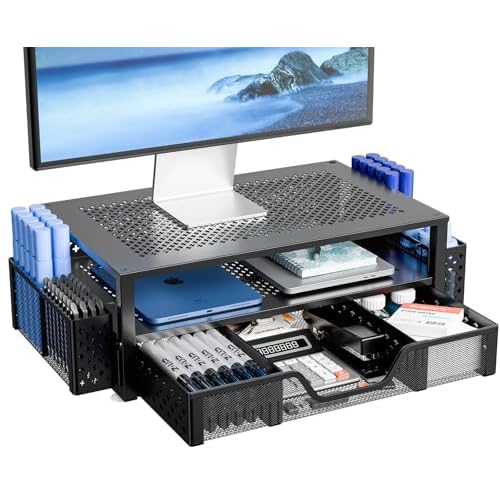 Simple Trending 2 Tier Metal Monitor Stand Monitor riser and Computer Desk Organizer with Drawer and Pen Holder for Laptop, Computer, iMac, Black