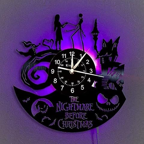 The Nightmare Before Christmas Vinyl Record Wall Clock-Home Decoration Creative Wall Art Vintage Decor -Unique Gift - Living Room, Kitchen, Handmade Home Wall Decor, 12”,Black (B-with led) Cover