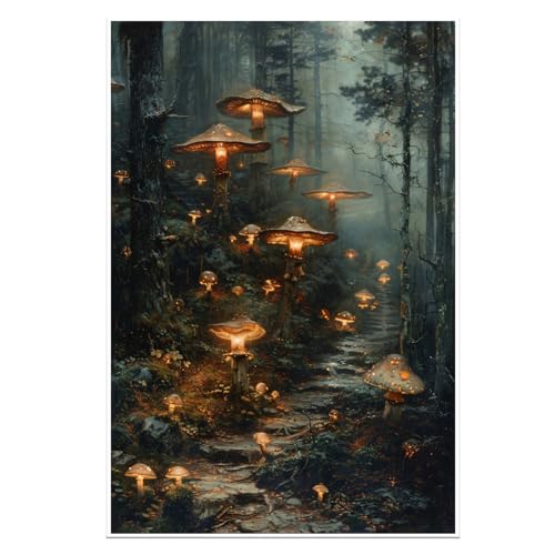 Fantasy Woodland Wall Art Magical Forest Posters Nature Scene Decor Night Plant Print Canvas Dark Academia Mushroom Whimsical Fungi Pictures for Living Room Bedroom Home Painting 12x16inch Unframed