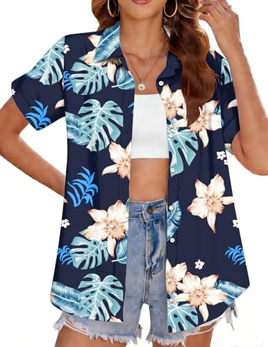 tiorhooe Blusa hawaiana para mujer, camisa de playa tropical, con botones, floral, informal, de manga corta, Rosa, M