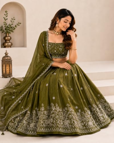Image of Women's Chinon Lehenga Choli with Dupatta Set | Sleeveless Square Neck Embroidered Ethnic Lehenga Choli for Wedding, Festival and Party