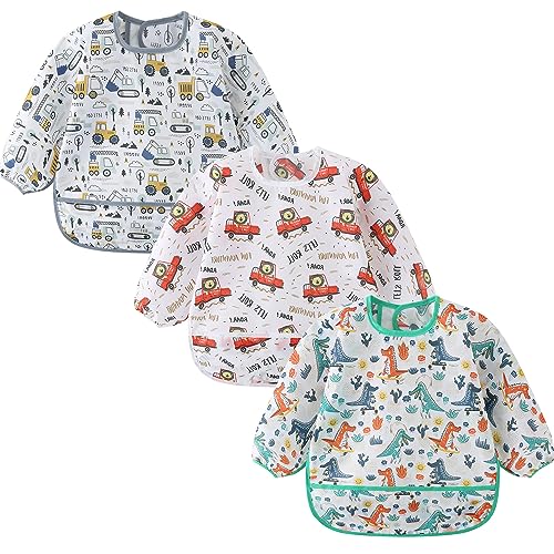 ElecMotive 3 Pack Long Sleeve Baby Bibs, Waterproof Sleeved Bib, Toddler Soft Bib for 6-30 Months (3 Pack B)