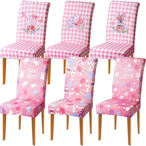 SmoothNovelty 6 Pcs Easter Chair Covers Dining Chair Slipcover Bunny Egg Flower Removable Seat Covers Pink Buffalo Plaid Washable Spring Seat Chair Protector Cover for Room Kitchen Easter Party Decor