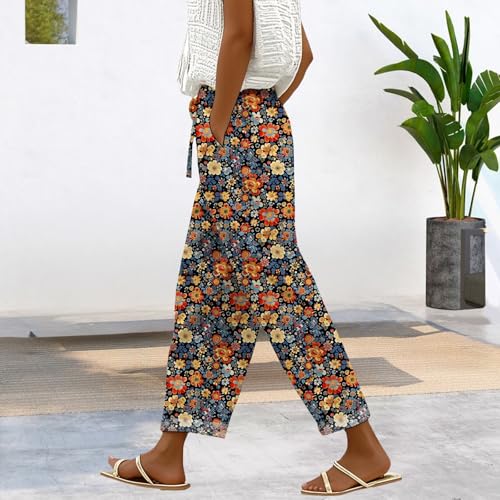 Womens Casual Linen Pants Elastic Waist Drawstring Trousers with Pockets Summer Beach Floral Pants2