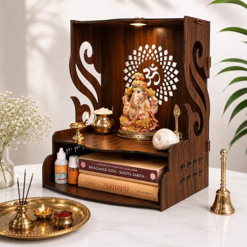 Image of Gift Kya De Wooden Temple for Home Pooja with LED Light | Swan Design Mandir for Wall /Table Top | Home Temple with Om Carving | Pooja Mandir for Living Room, Office Decor (15 x 12 x 9 Inch, Brown)