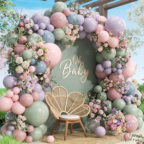 141pcs Pastel Balloon Arch Kit with Sage Green Dusty Purple Pink and Blue Balloons for Wildflower Floral Flower Baby in Bloom Baby Shower Gender Reveal Birthday Party Decorations