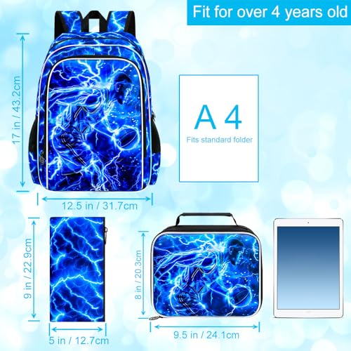 Image of 17 inch Basketball Backpack for Boy, 3Pcs Lightning Bookbag for Elementary Preschool Kindergarten, Kids School Backpacks with Lunch Box (Blue)