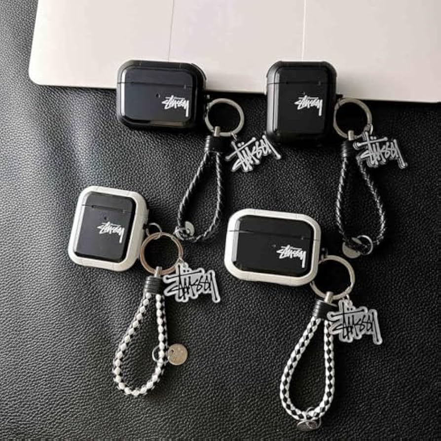 air pod 1/2ケース ブラック イヤホン ストラップ付き エアポッド Amazon | 人気 黒8ボール Airpodsケース 限定 ステューシー