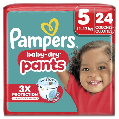 Pampers Baby-Dry Pants Taille 5, 24 Couches-Culottes, 11kg-17kg, Maintien 360° Pour Aider À Éviter Les Bâillements et Les Fuites