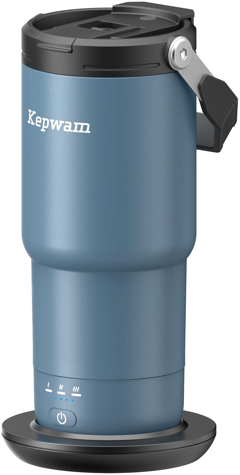 Kepwam T3 self-heating travel mug 20 oz in steel blue with charging base