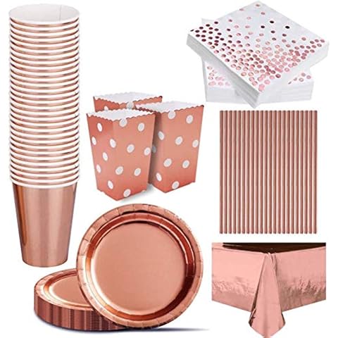iZoeL Rosegold Partygeschirr Set für 30 Gäste inkl. Tischdecke Teller Becher Servietten Strohhalme Popcorn Tüten für Geburtstag Hochzeit Party Einweg Geschirre Cover