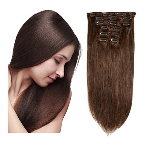 Friskylov 16Inch Human Hair Extensions Clip ins Dark Brown Straight Clip in Human Hair Extensions Double Weft Brazilian Real Thick Hair Extensions Clip in Human Hair 8A Grade 100g 7Pieces With 16Clips