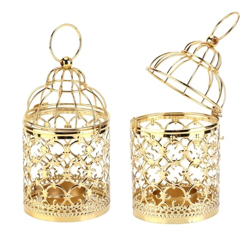 Beufee BEUFEEQ1NGMKS734 2Pcs Decorative Bird Cage Candle Holder, Gold Vintage Candlestick Holder Hanging Tealight Small Lanterns Decorative Mini Candle Stand Metal Birdcage Candle Holders cover