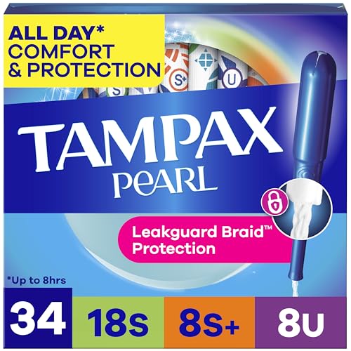 Tampax Pearl Tampons Trio Pack, Super/Super Plus/Ultra Absorbency with BPA-Free Plastic Applicator and LeakGuard Braid, Unscented, 34 Count