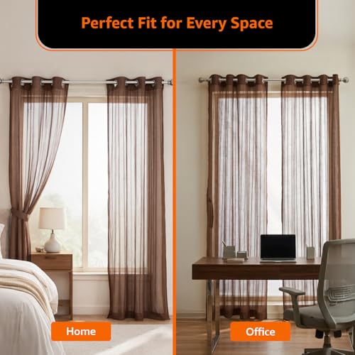 Image of Amazon Basics - Stripe Textured Sheer Door Curtains | Light Filtering | 7 Feet | Set of 2 | Striped Design | for Living Room, Bedroom & Balcony | 210cm x 115cm, Color - Coffee