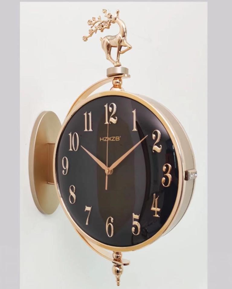 EUROXO Luxury Round Wall Hanging Double Sided 2 Faces Retro Station Wall Clock (Model-6, Black-Gold) (6-Black Gold)