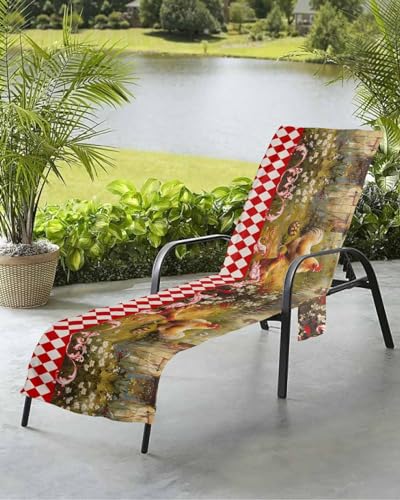 Farmhouse Hens Beach Chair Towel Covers for Chaise Lounge with Side Pocket, Soft Plush Pool Towels Cover for Patio Sunbathing Outdoor Retro Brown Painting Rural Farm Brown 29''x85''